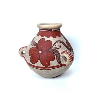 Vintage Hand-Painted Red Floral Pottery Vase: Rustic Southwestern Decor